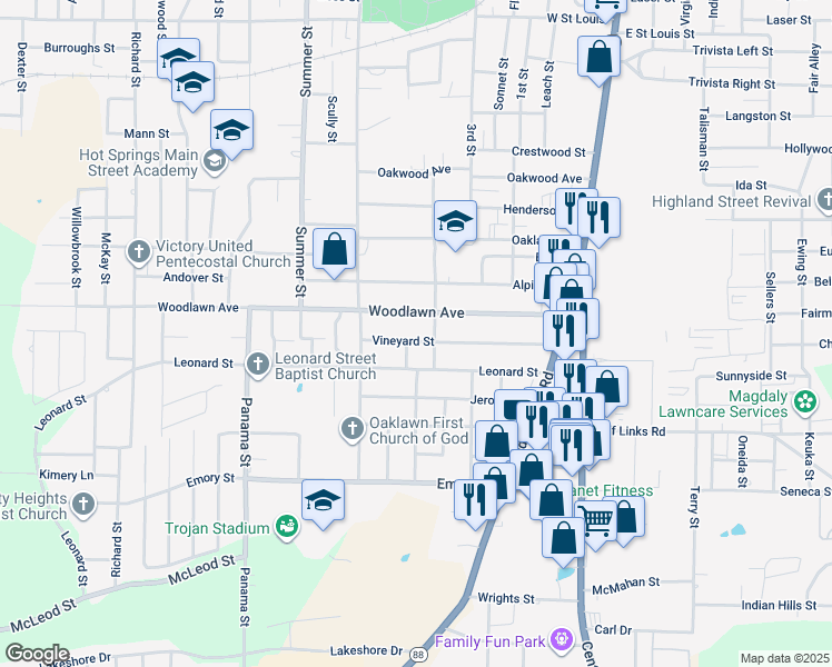 map of restaurants, bars, coffee shops, grocery stores, and more near 314 Vineyard Street in Hot Springs