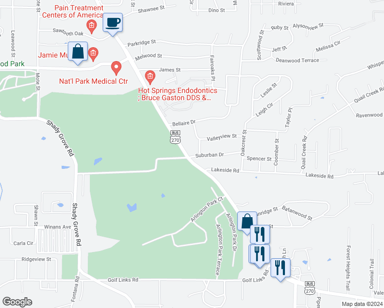map of restaurants, bars, coffee shops, grocery stores, and more near 101 Suburban Drive in Hot Springs