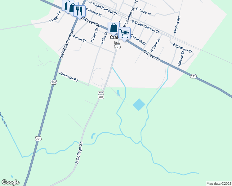 map of restaurants, bars, coffee shops, grocery stores, and more near Trico Street in Clarkton