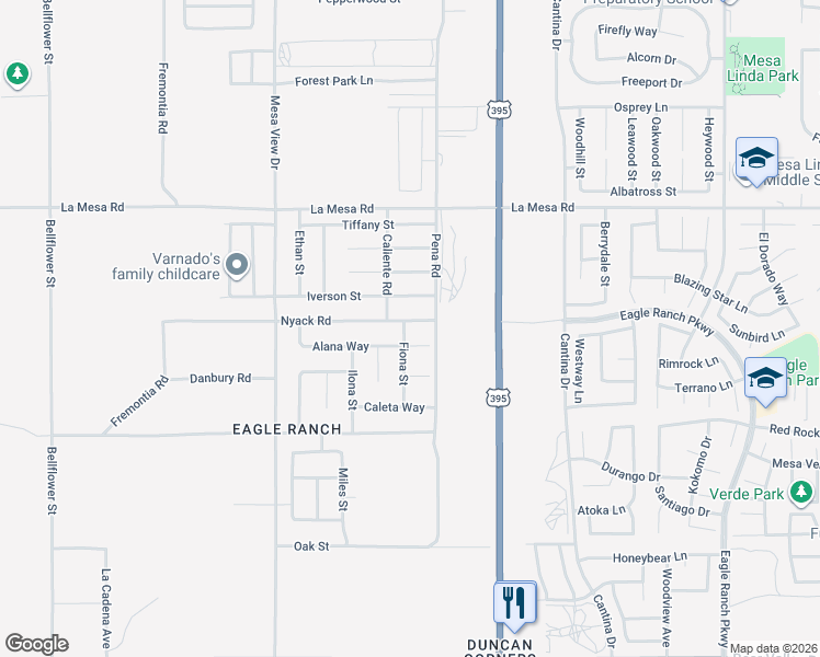 map of restaurants, bars, coffee shops, grocery stores, and more near 11936 Alana Way in Victorville