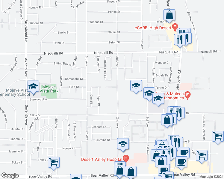 map of restaurants, bars, coffee shops, grocery stores, and more near 16671 Country Ranch Court in Victorville