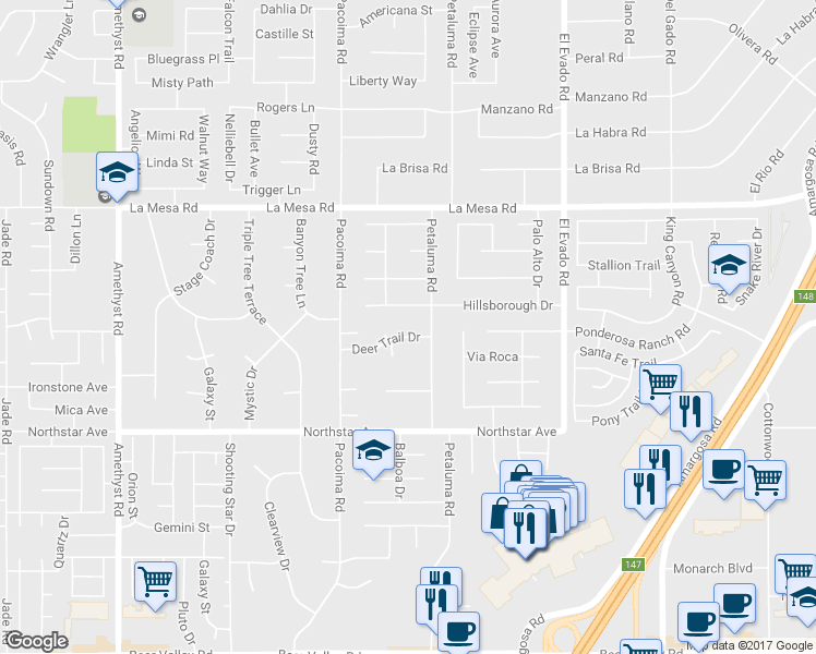 map of restaurants, bars, coffee shops, grocery stores, and more near 14220 Deer Trail Drive in Victorville