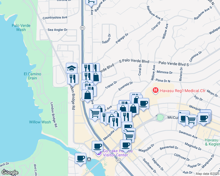 map of restaurants, bars, coffee shops, grocery stores, and more near 1660 Topaz Drive in Lake Havasu City