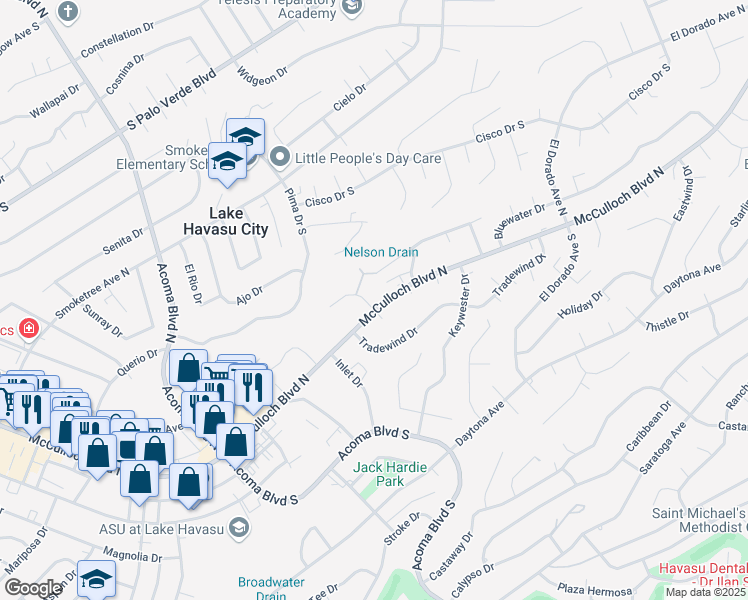 map of restaurants, bars, coffee shops, grocery stores, and more near 2461 McCulloch Boulevard North in Lake Havasu City