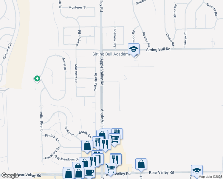 map of restaurants, bars, coffee shops, grocery stores, and more near 12691 Apple Valley Road in Apple Valley