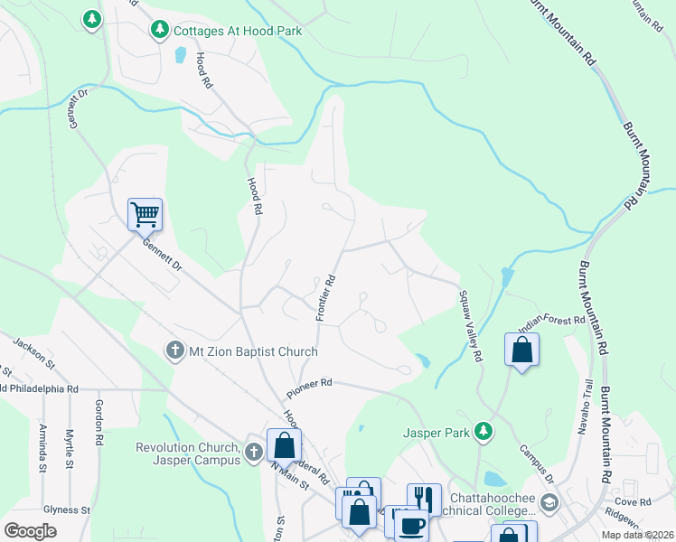 map of restaurants, bars, coffee shops, grocery stores, and more near 340 Frontier Road in Jasper