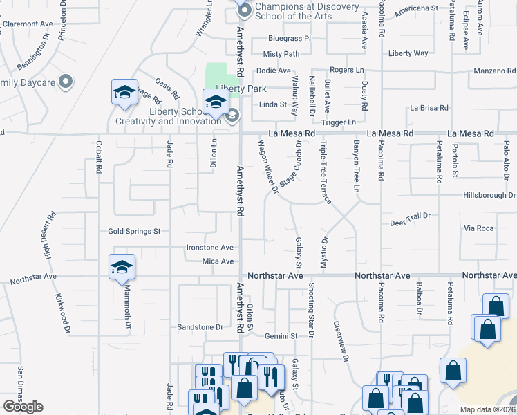 map of restaurants, bars, coffee shops, grocery stores, and more near 12660 Stage Coach Drive in Victorville