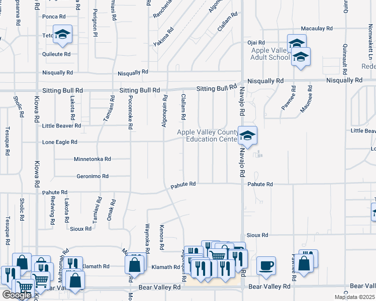 map of restaurants, bars, coffee shops, grocery stores, and more near 12629 Clallam Road in Apple Valley