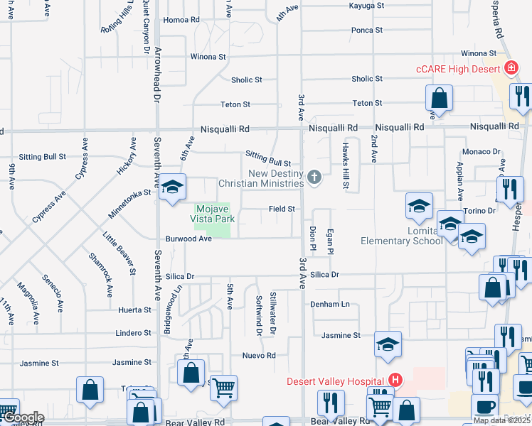 map of restaurants, bars, coffee shops, grocery stores, and more near 12673 Field Way in Victorville