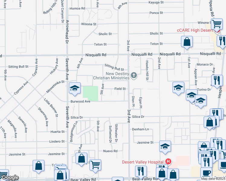 map of restaurants, bars, coffee shops, grocery stores, and more near 12673 Field Way in Victorville