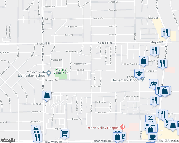 map of restaurants, bars, coffee shops, grocery stores, and more near 12665 Meadow Street in Victorville