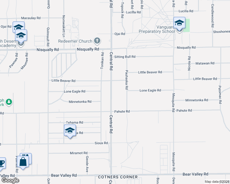 map of restaurants, bars, coffee shops, grocery stores, and more near 12575 Central Road in Apple Valley