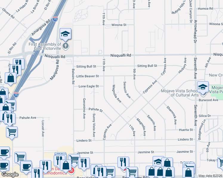 map of restaurants, bars, coffee shops, grocery stores, and more near 12641 Magnolia Avenue in Victorville