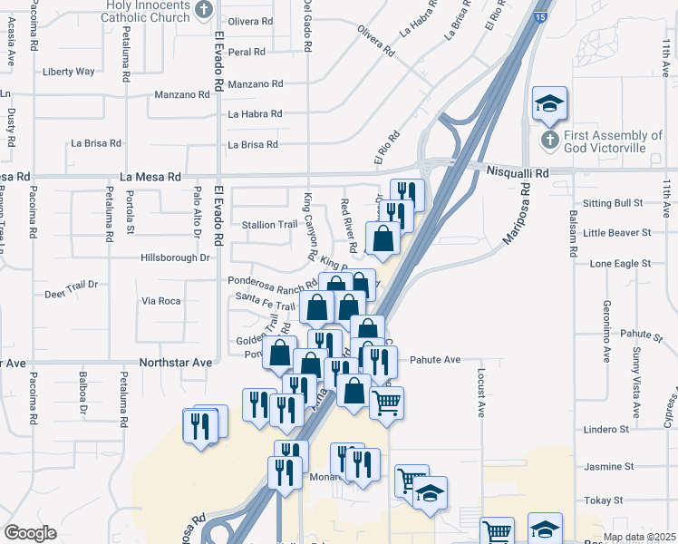 map of restaurants, bars, coffee shops, grocery stores, and more near 14764 Santa Fe Trail in Victorville