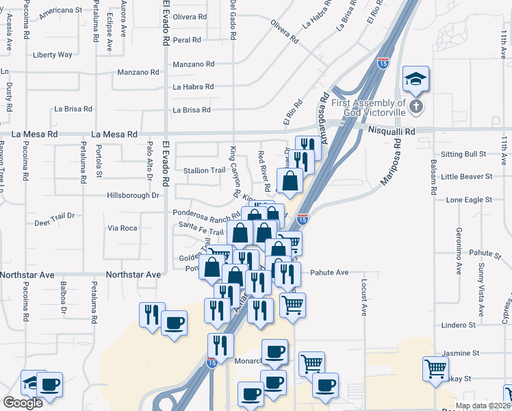 map of restaurants, bars, coffee shops, grocery stores, and more near 14764 Santa Fe Trail in Victorville