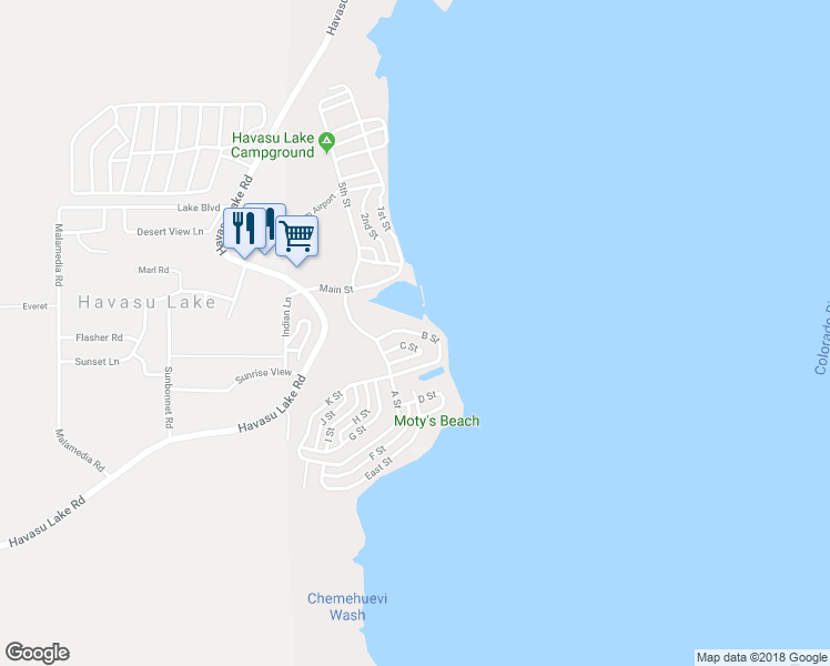 map of restaurants, bars, coffee shops, grocery stores, and more near B Street in Needles