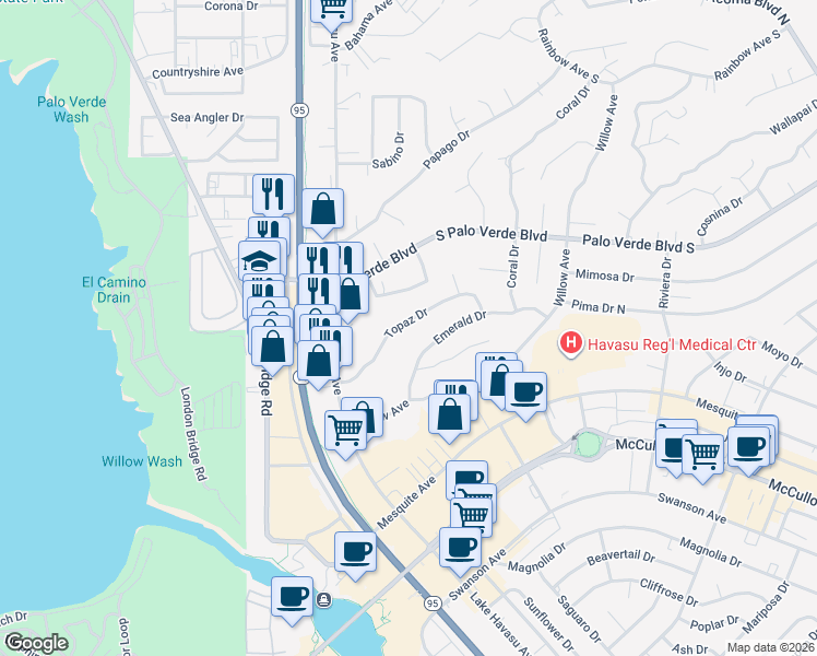 map of restaurants, bars, coffee shops, grocery stores, and more near 1675 Topaz Drive in Lake Havasu City