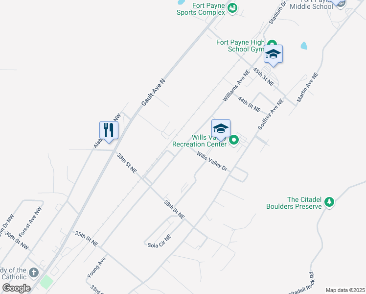 map of restaurants, bars, coffee shops, grocery stores, and more near 4111 Williams Avenue Northeast in Fort Payne