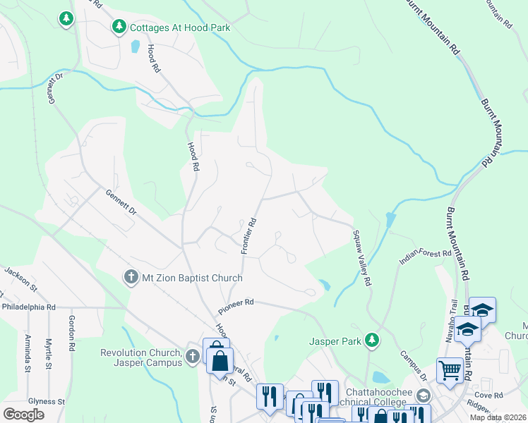 map of restaurants, bars, coffee shops, grocery stores, and more near 340 Frontier Road in Jasper