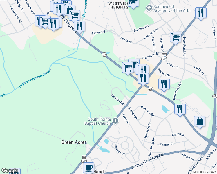 map of restaurants, bars, coffee shops, grocery stores, and more near 302 Renee Way in Anderson
