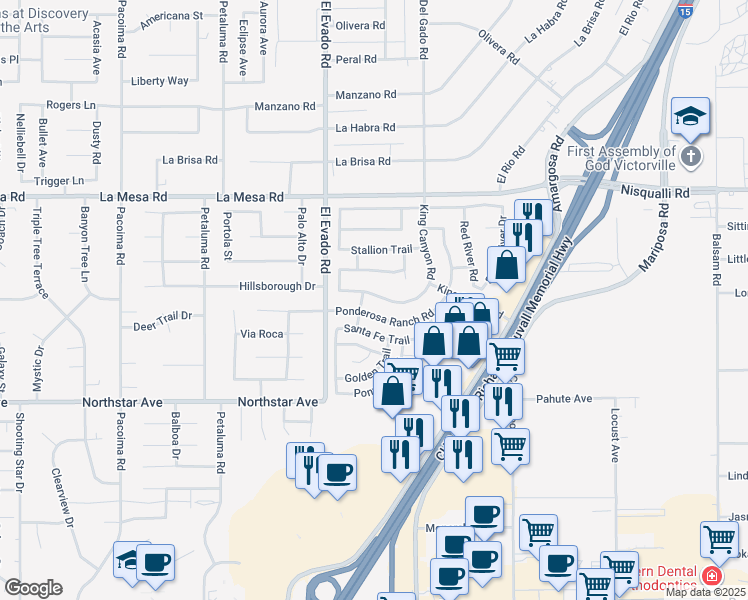 map of restaurants, bars, coffee shops, grocery stores, and more near 14593 King Canyon Road in Victorville