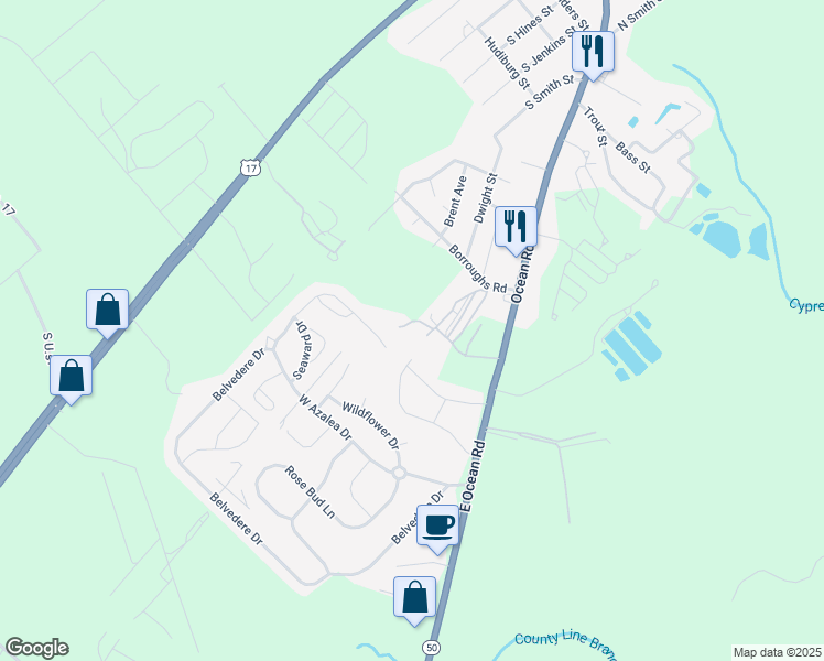 map of restaurants, bars, coffee shops, grocery stores, and more near 865 Ocean Road in Holly Ridge