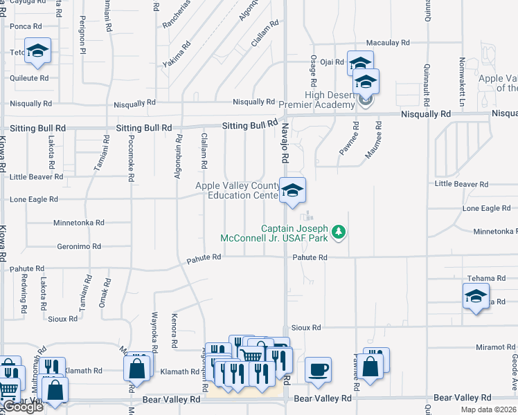 map of restaurants, bars, coffee shops, grocery stores, and more near 12640 Standing Bear Road in Apple Valley