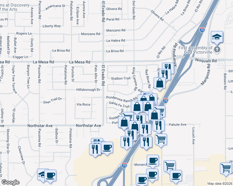 map of restaurants, bars, coffee shops, grocery stores, and more near 14581 King Canyon Road in Victorville