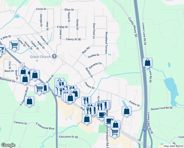 map of restaurants, bars, coffee shops, grocery stores, and more near 300 East Belmont Drive in Calhoun