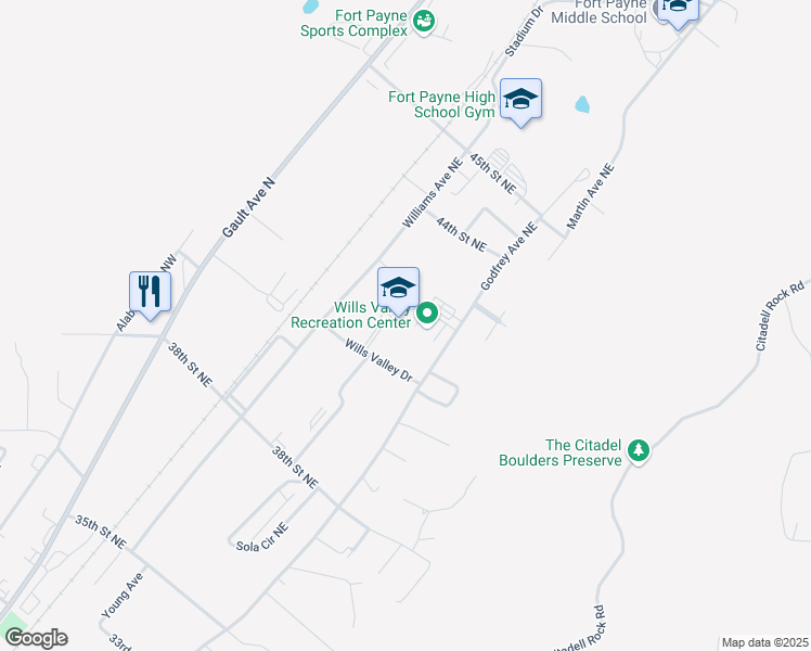 map of restaurants, bars, coffee shops, grocery stores, and more near 4111 Williams Avenue Northeast in Fort Payne