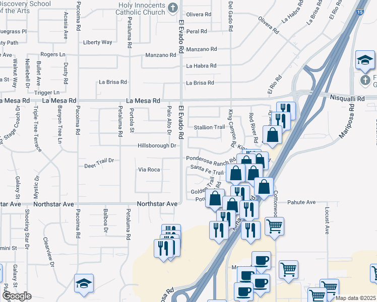 map of restaurants, bars, coffee shops, grocery stores, and more near 14523 King Canyon Road in Victorville