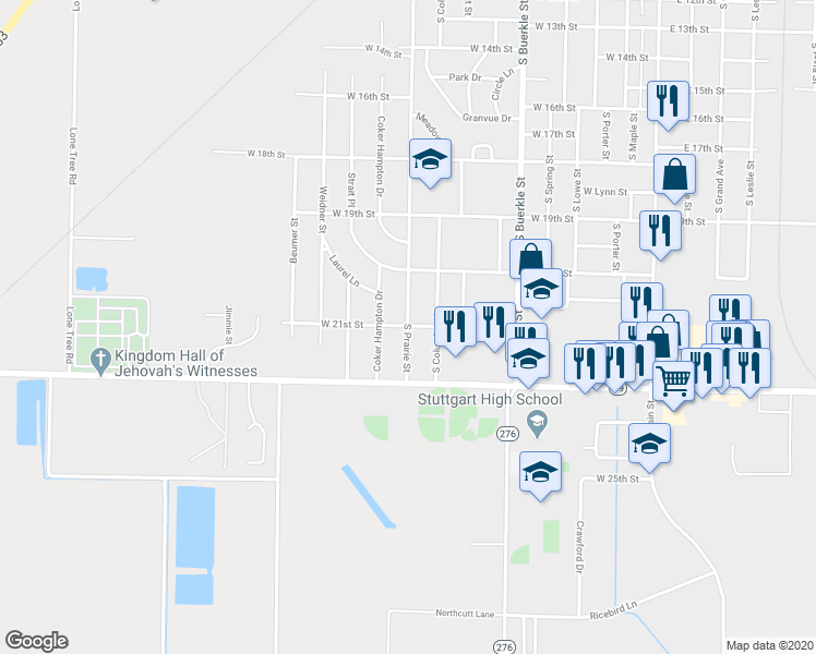 map of restaurants, bars, coffee shops, grocery stores, and more near 2100 South Prairie Street in Stuttgart