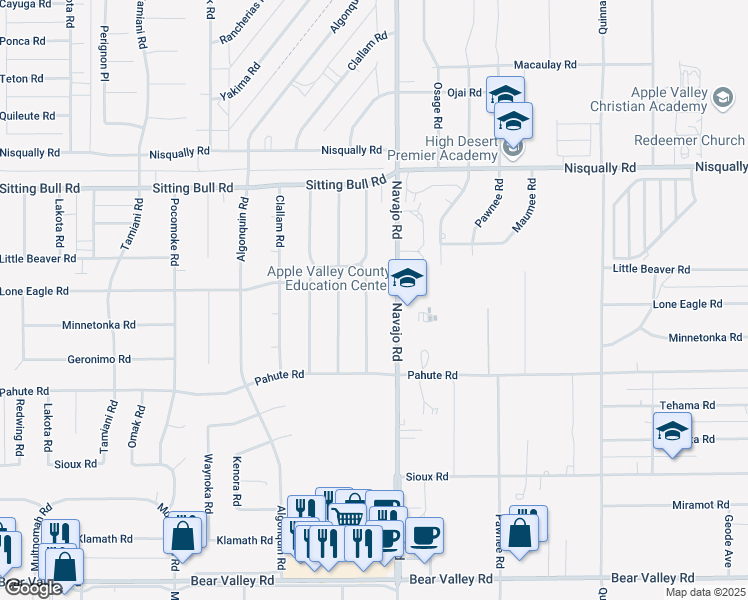 map of restaurants, bars, coffee shops, grocery stores, and more near 12647 Standing Bear Road in Apple Valley