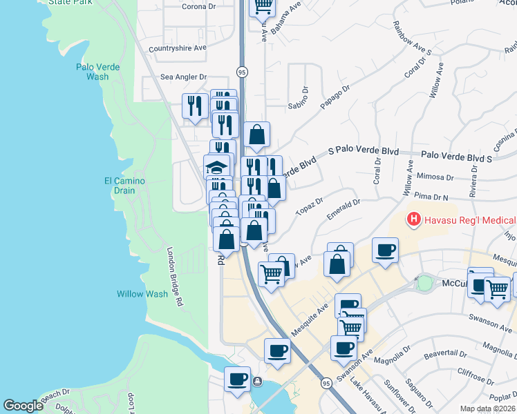 map of restaurants, bars, coffee shops, grocery stores, and more near in Lake Havasu City