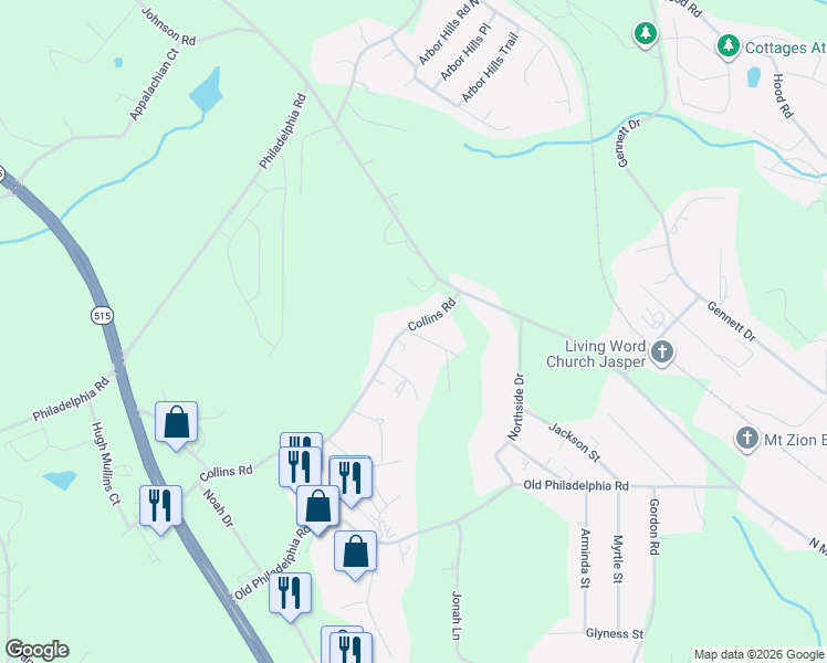 map of restaurants, bars, coffee shops, grocery stores, and more near 5 Pine View Court in Jasper