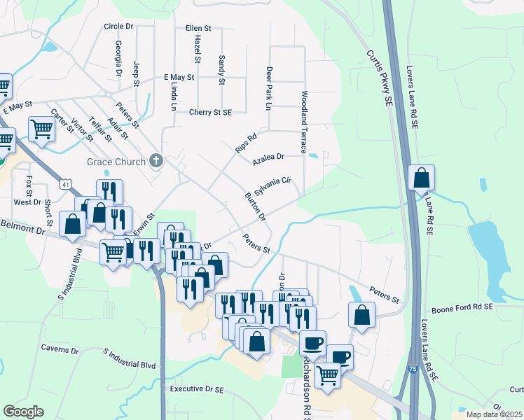map of restaurants, bars, coffee shops, grocery stores, and more near 300 East Belmont Drive in Calhoun