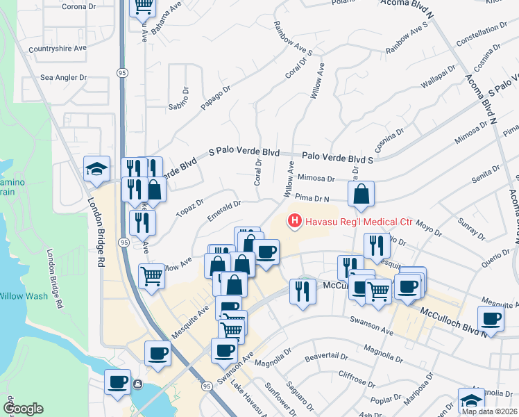 map of restaurants, bars, coffee shops, grocery stores, and more near 1777-1815 Emerald Drive in Lake Havasu City