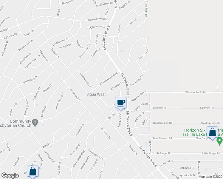 map of restaurants, bars, coffee shops, grocery stores, and more near Churchill Drive in Lake Havasu City