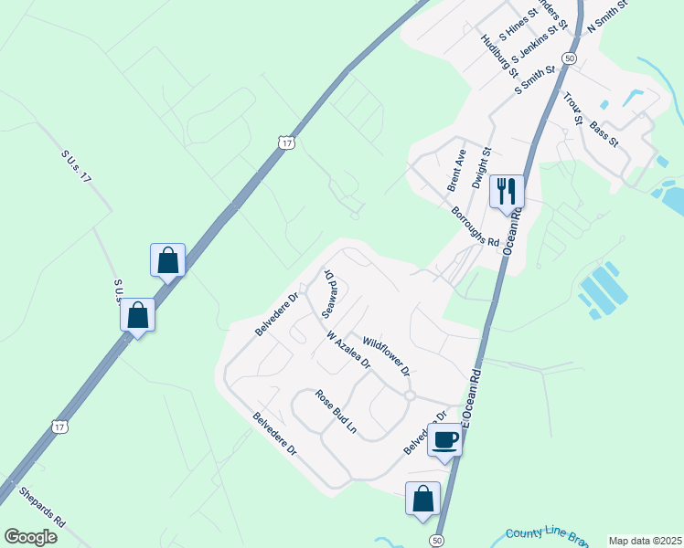 map of restaurants, bars, coffee shops, grocery stores, and more near 216 Holly Pond Drive in Holly Ridge