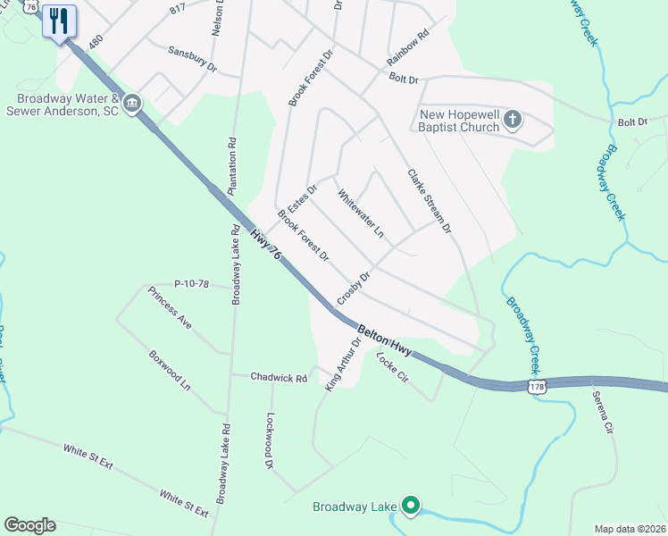 map of restaurants, bars, coffee shops, grocery stores, and more near 312 Brook Forest Drive in Anderson
