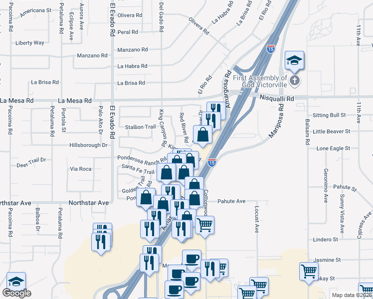 map of restaurants, bars, coffee shops, grocery stores, and more near 12709 Snake River Drive in Victorville