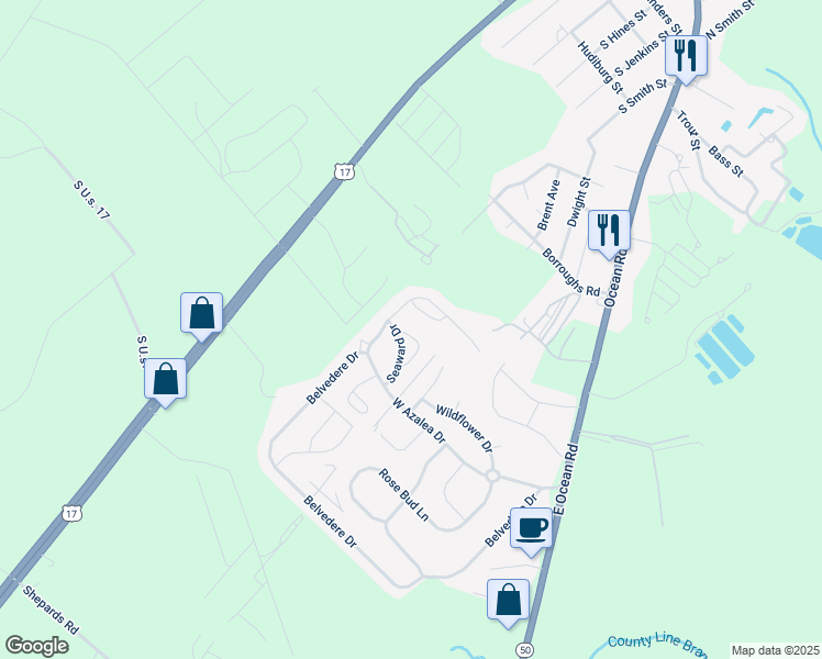 map of restaurants, bars, coffee shops, grocery stores, and more near 216 Holly Pond Drive in Holly Ridge