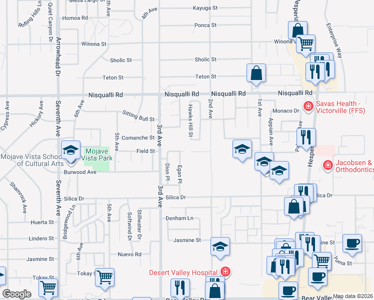 map of restaurants, bars, coffee shops, grocery stores, and more near 16618 Country Ranch Court in Victorville