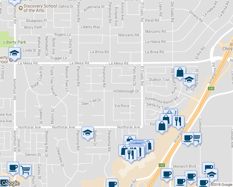 map of restaurants, bars, coffee shops, grocery stores, and more near 14343 Hillsborough Drive in Victorville