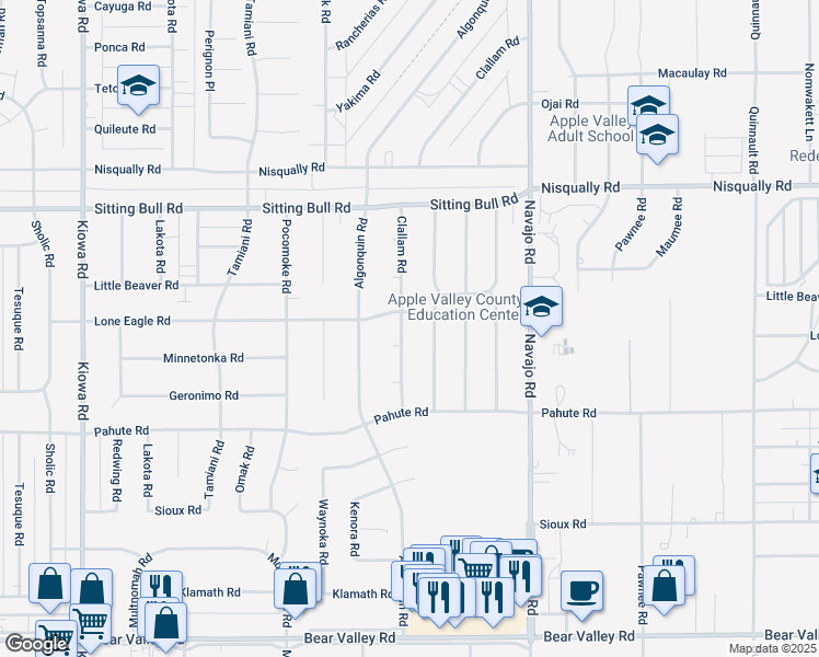 map of restaurants, bars, coffee shops, grocery stores, and more near 12649 Clallam Road in Apple Valley