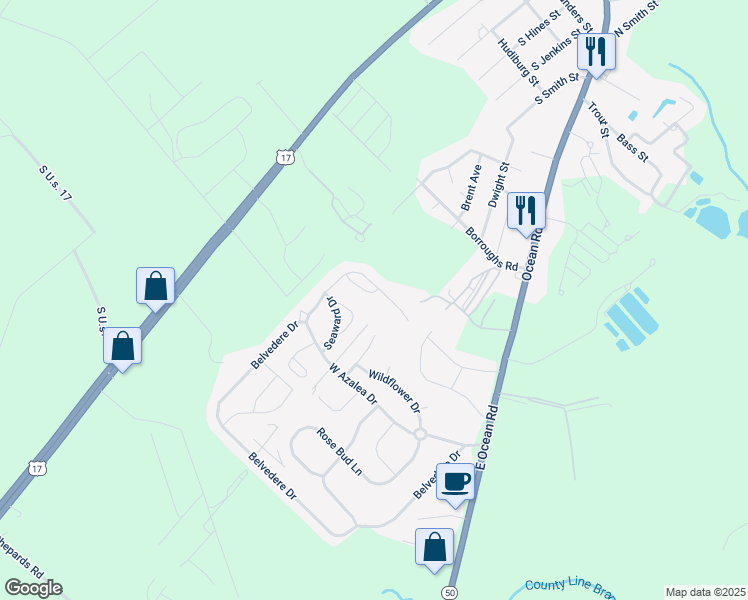 map of restaurants, bars, coffee shops, grocery stores, and more near 514 Cottage Court in Holly Ridge