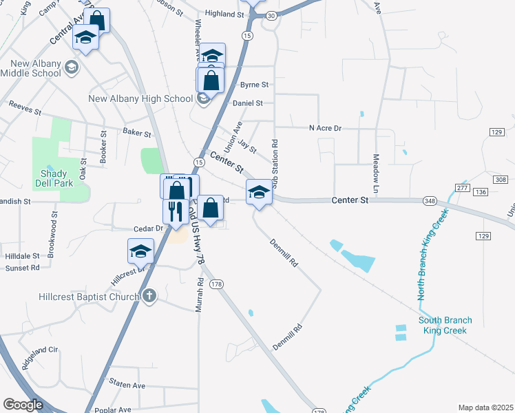 map of restaurants, bars, coffee shops, grocery stores, and more near 915 Denmill Road in New Albany