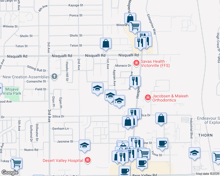map of restaurants, bars, coffee shops, grocery stores, and more near 16855 Hidden Creek Drive in Victorville