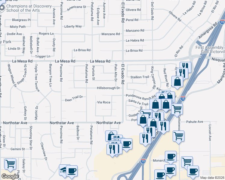 map of restaurants, bars, coffee shops, grocery stores, and more near 14433 Hillsborough Drive in Victorville