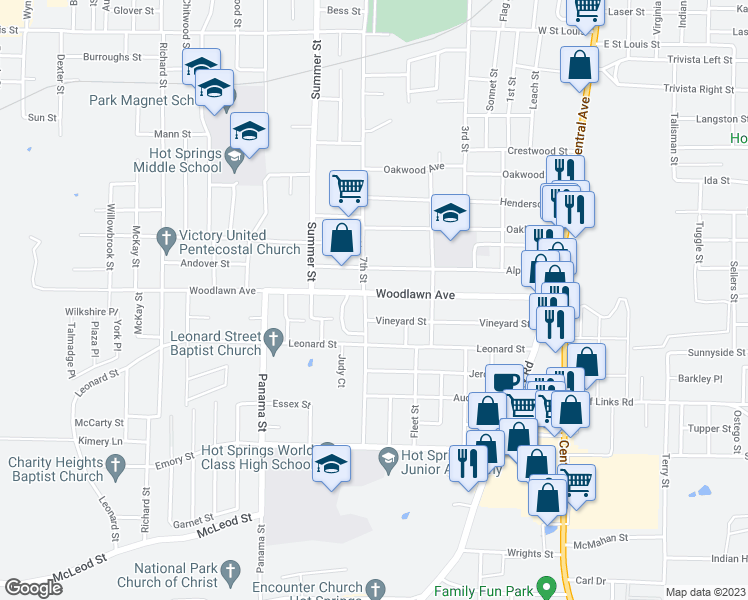 map of restaurants, bars, coffee shops, grocery stores, and more near 347 Woodlawn Avenue in Hot Springs